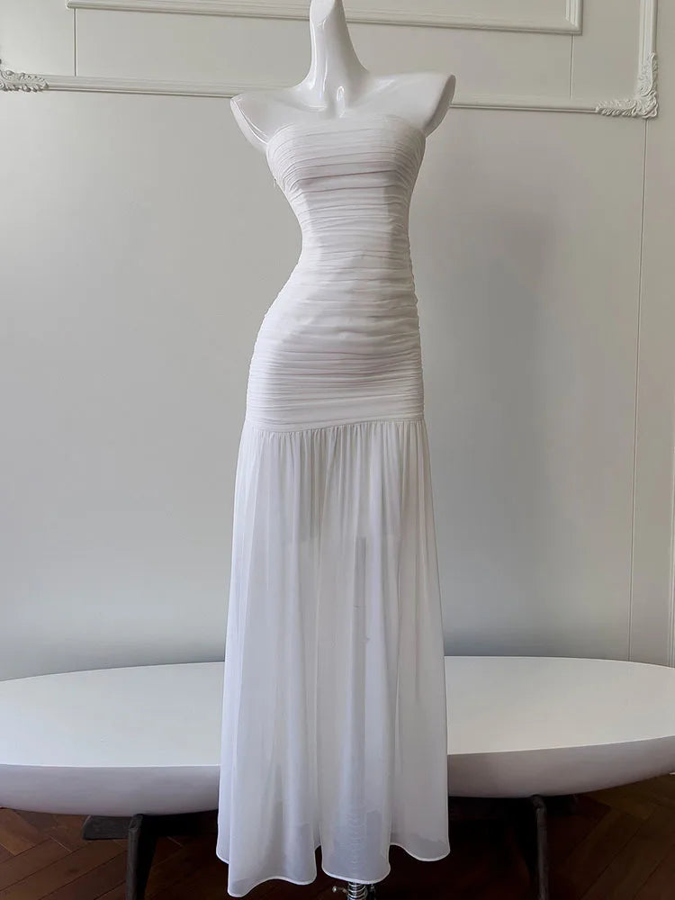 Lunivop  Bandage Women's Strapless Dress Pleated Solid Color Sleeveless Backless 2025 Spring Simple Elegant Dresses Female