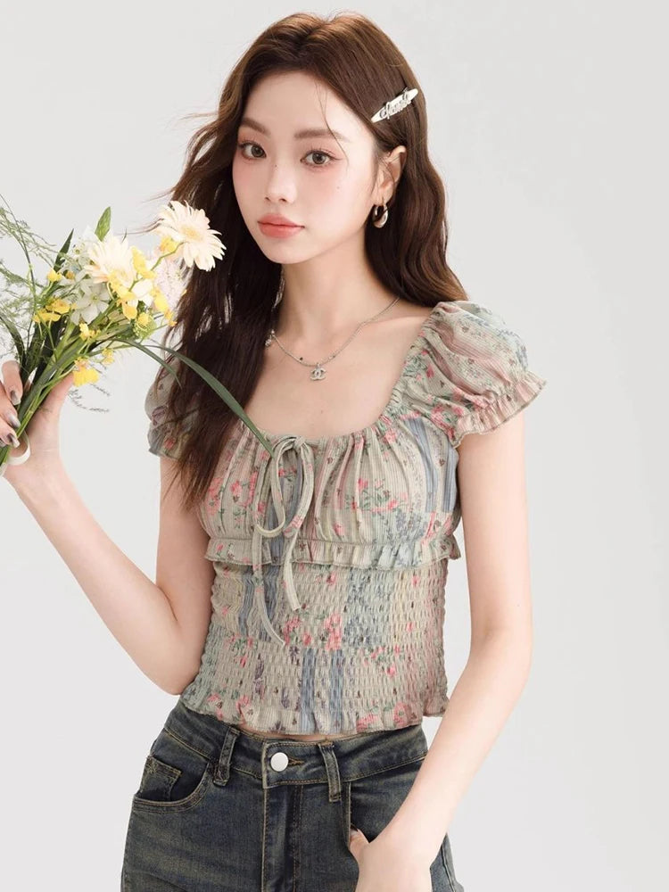 Lunivop Sweet Floral Cropped T Shirt Women Slim Sexy Puffy Sleeve Tees Korean Vintage Square Collar Female Lace Up Tops Summer New