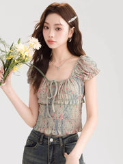 Lunivop Sweet Floral Cropped T Shirt Women Slim Sexy Puffy Sleeve Tees Korean Vintage Square Collar Female Lace Up Tops Summer New
