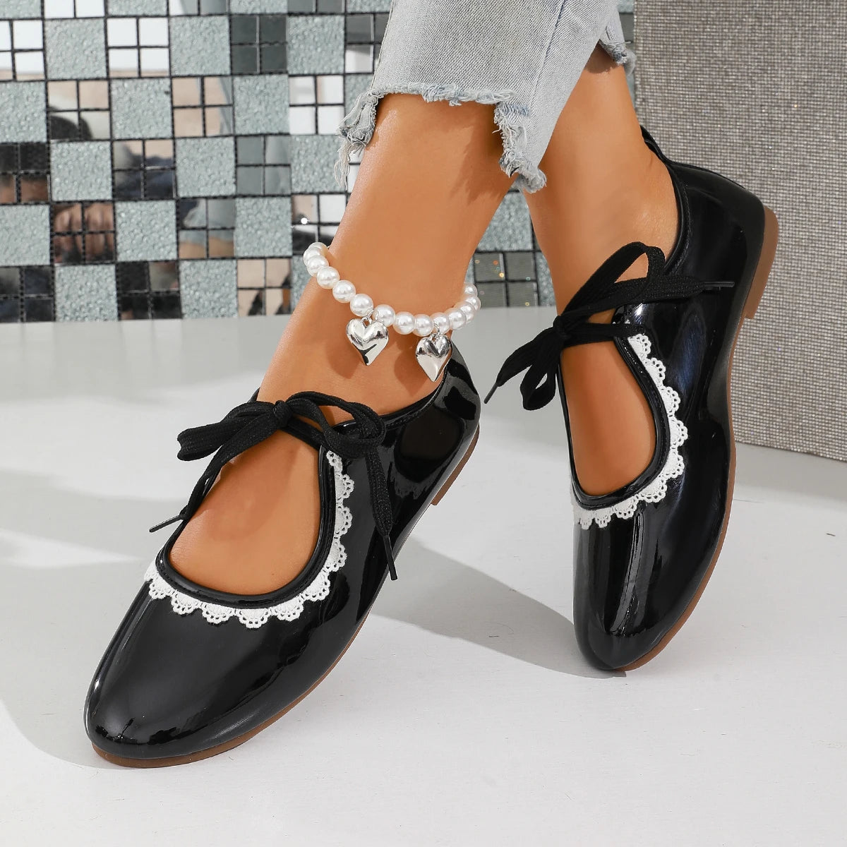 Lunivop  Women Spring Plus Size Lace Slip Strap Soft Sole Non-Slip Flats Round Toe Shallow Mouth Low Top Shoes Lace decorative edge