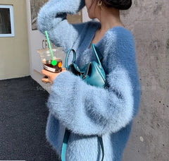 Lunivop Fuzzy Mohair Knit Sweater Pullover Women Cozy Long Sleeve V-Neck Plain Jumper Soft Knitwear Teen-girl Fall Winter Casual Outfit
