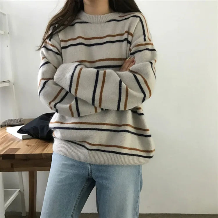 Lunivop Women Pullovers Crew-Neck Knitted Jumper New Student Striped Sweater Aesthetic  Outfit