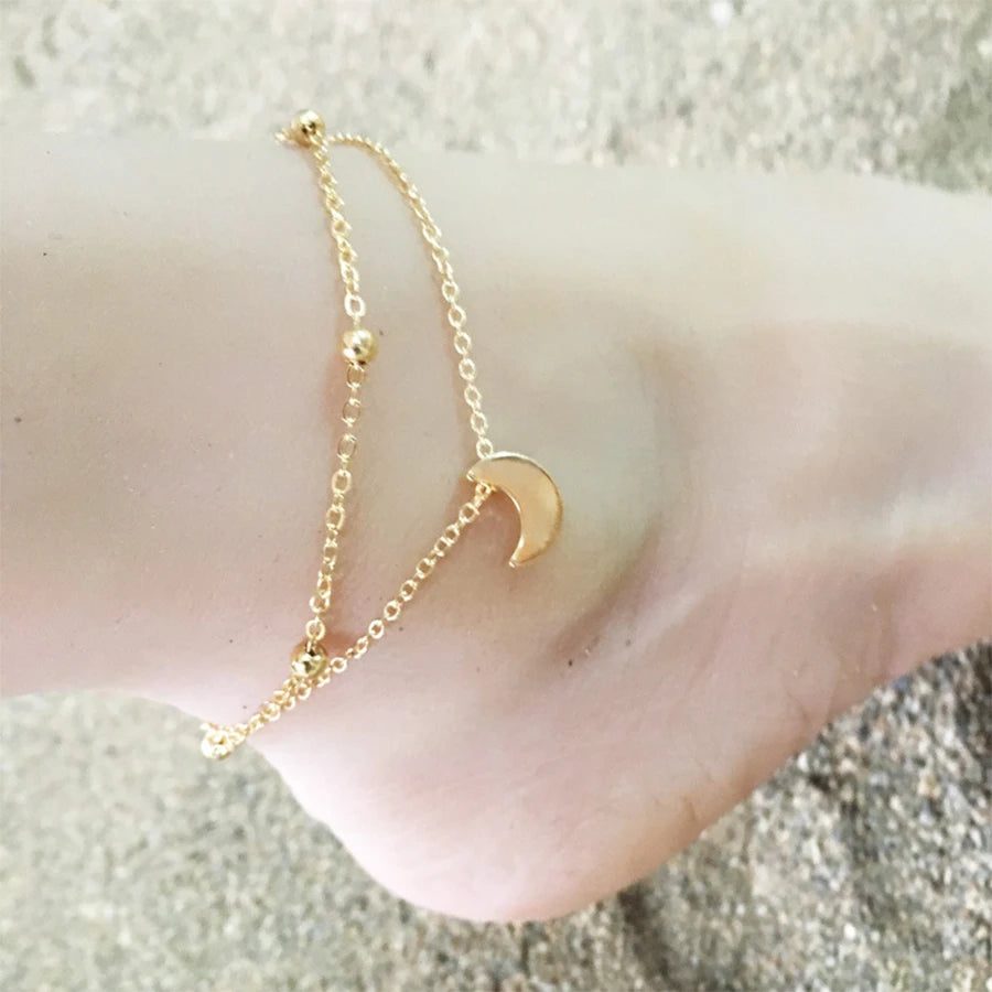 Lunivop New Trendy Boho Double Layered Moon Pendant Anklets for Women Niche Design Elegant Party Jewelry  Girlfriend Gifts