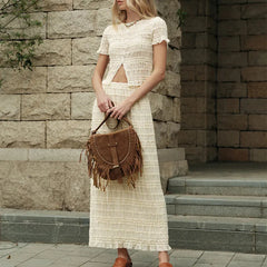 Lunivop  Two Piece Matching Skirt Sets for Women Clothing Short Sleeve Button Up Top Ruched Maxi Skirt Summer Beachwear