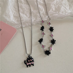 Lunivop Goth Harajuku Cute Pink Cross Heart Bowknot Cat Moon Pendant Chain 90s Aesthetic Necklace Kpop Girl EMO Y2k Grunge Accessories