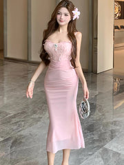 Lunivop  Women Pink Mesh Patchwork Jacquard Diamonds Sling Long Dress Summer Elegant Casual Holiday Dress Korean Bodycon Party Dress
