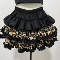 Lunivop  Y2k Leopard Print Gothic Punk Skirt for Women Ruched Ruffles Patchwork Cake Skirts 2025 Summer New Dark Academia Clothes