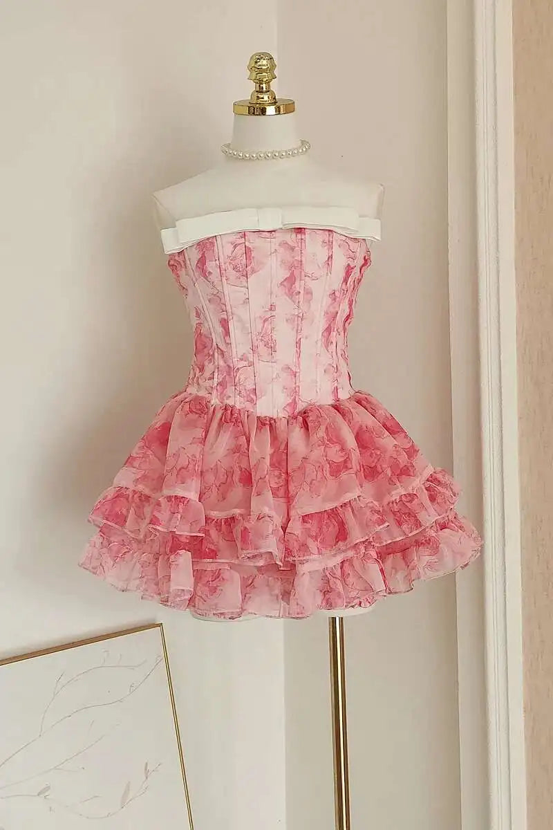 Lunivop French Style Mesh Splicing Women Print Dress Bow Slash Neck Sleeveless Dresses Female 2025 Spring Summer New