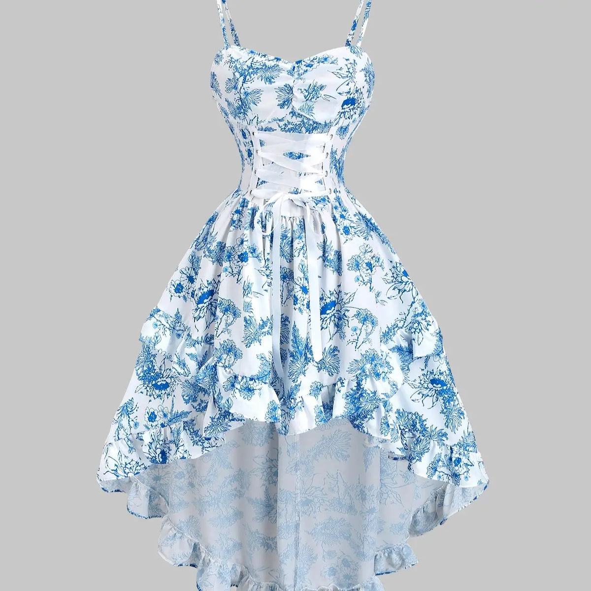 Lunivop  Blue and white floral printed spaghetti strap sweetheart neck high waisted puffy dress