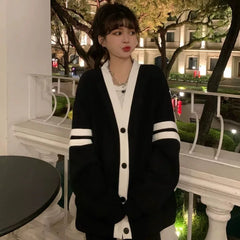 Lunivop Varsity Cardigan Sweater for Women Long Sleeve V-Neck Button-up Knit Slouchy Cardi Korean School-girl Preppy Fall Winter Outfit