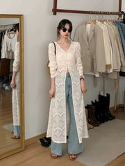 Lunivop  New Chinese Style V-neck Split Tops Women Summer Slim Fit Hollow Out White Cardigan Y2k E-Girl Long Sleeve Blusas Mujer