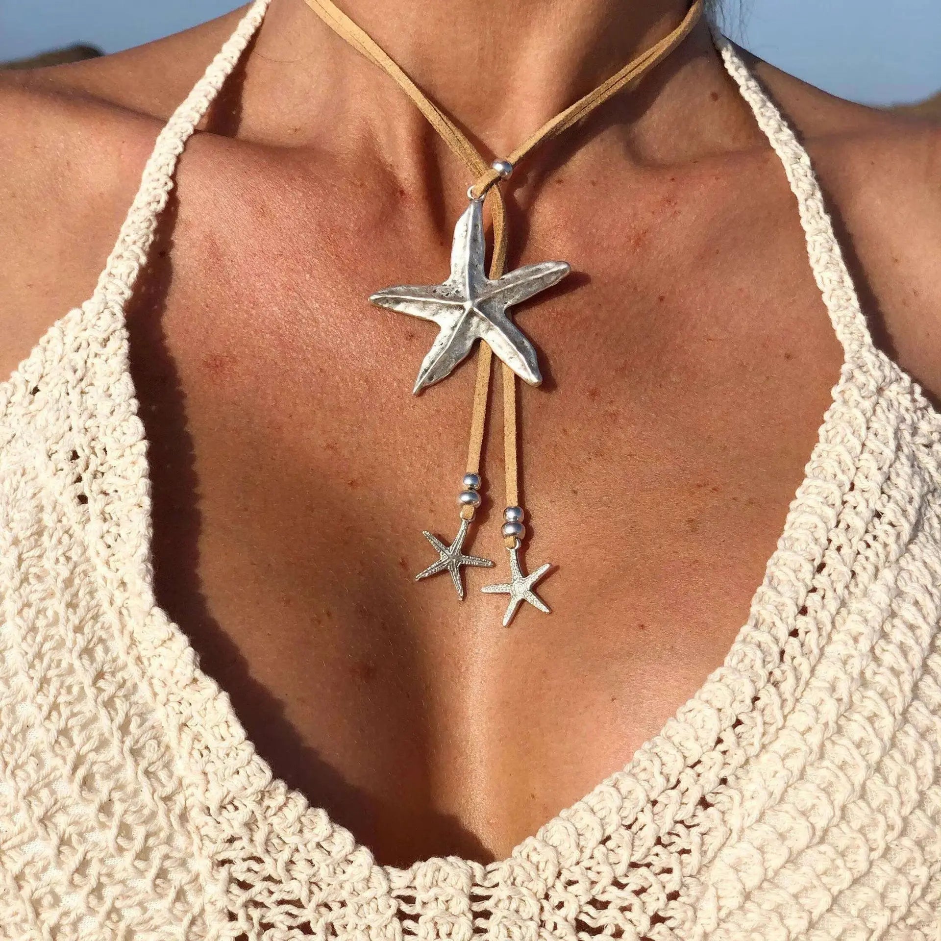 Lunivop Trendy Boho Summer Starfish Pendant Leather Necklace for Women Beach Bohemia Nekclace Party Jewelry Gift