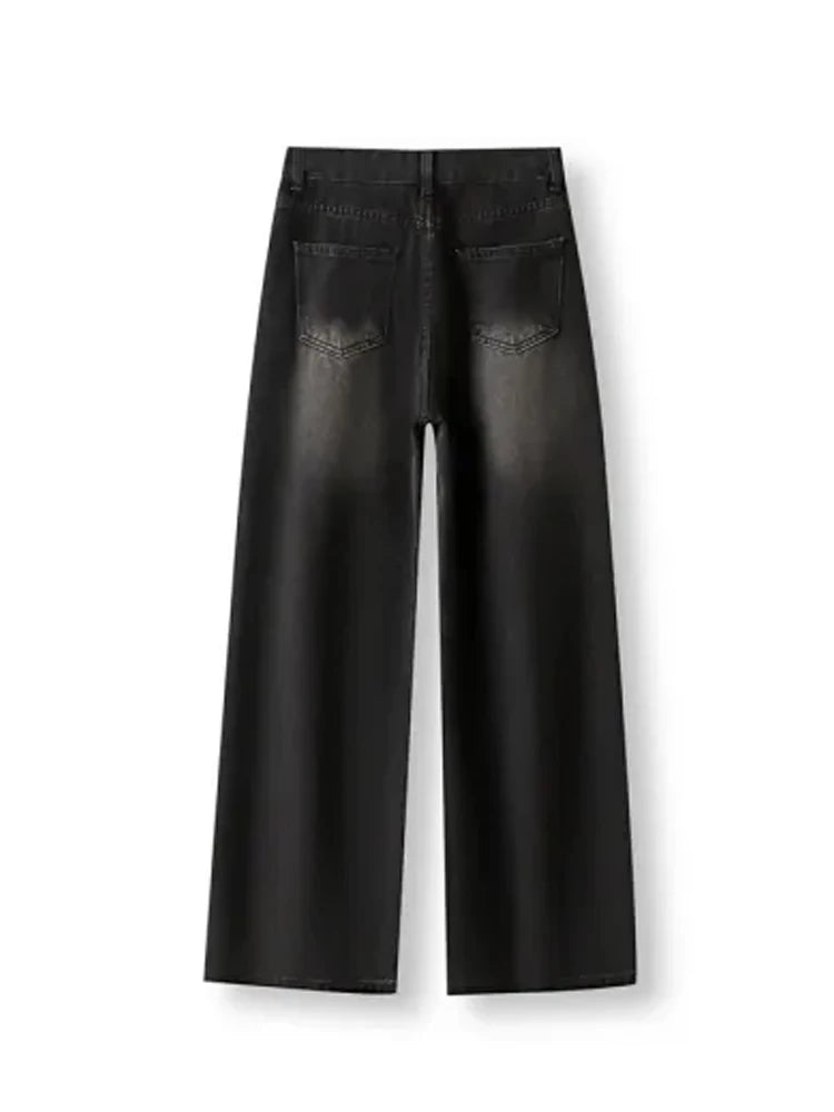 Lunivop Korean Vintage High Waist Women's Jeans Y2K Slimming Pear-Shaped Loose Straight Bell Bottoms Black Gray Baggy Denim Trousers
