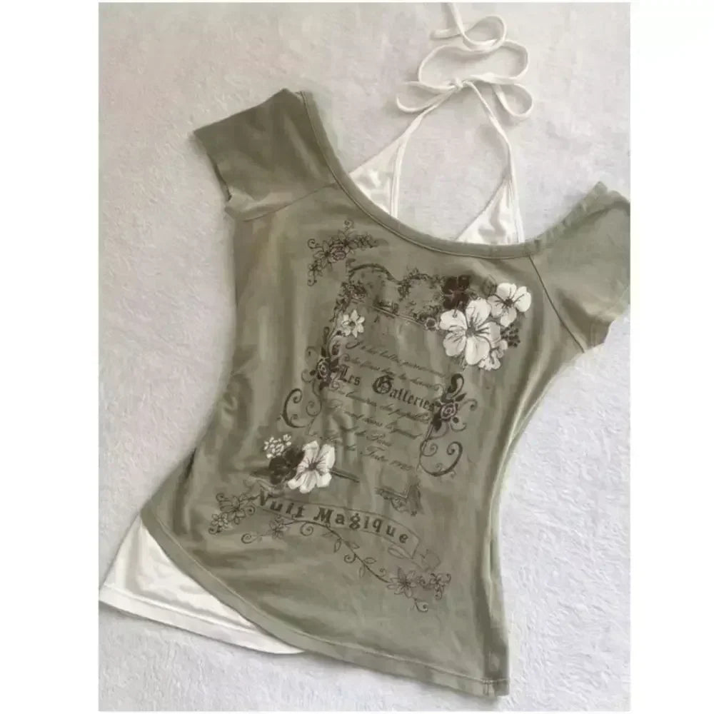 Lunivop  American Vintage Fake Two Piece Halter Lace Up T-shirts Y2k Slim Fit Print Tops Women Off Shoulder Short Sleeve Tee Shirt