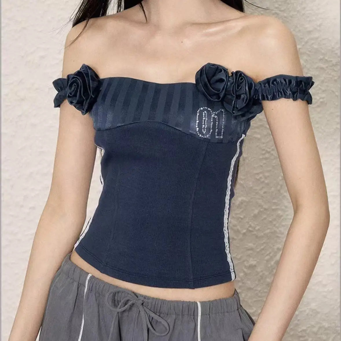 Lunivop  Retro 3d Flower Slash Neck Vest Women New Slim Fit Outerwear Sports Crop Top Sexy Y2k Spicy Girl Tanks