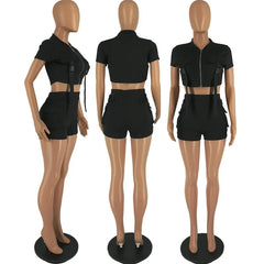Lunivop  Active Wear Pockets Short Sets Womens 2 Piece Outfit Sporty Fitness Zipper Crop Top and Shorts Casual Tracksuit Conjuntos Curtos