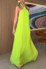 Lunivop  Spring Summer New Chiffon Pleated Halter Neck Dress Y2k Clothes Women Casual Loose Vacation Outfits Long Dresses