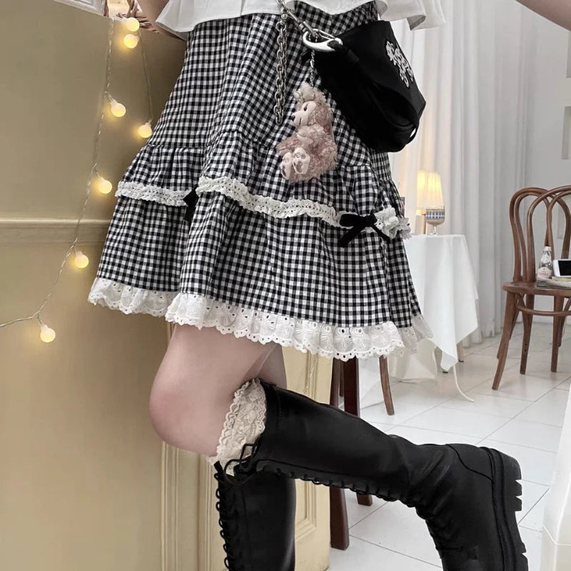 Lunivop Kawaii Plaid Women Short Skirt Lolita Ruffle Japanese Style Lace Bow Mini Skirts Cutecore Sweet Pleated Preppy Skirt