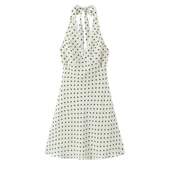 Lunivop  Sexy Beige Polka Dot Spliced Lace Bow Halter V Collar Backless Mini Dress Women Elastic Zipper Back A-line Short Robe Holiday