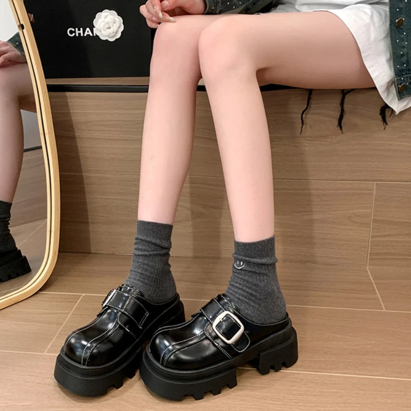 Lunivop Autumn Platform Women Toe-cap Half Slippers Solid Non-slip Shoes for Women Slippers Fashion Buckle Slip-on Women Slippers