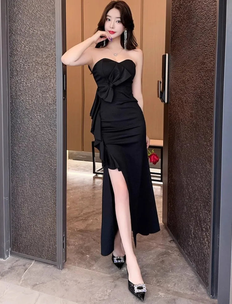 Lunivop  Woman Dress Sexy Strapless Bow Slim Elegant Split Backless Ruffles Slim Temperament Fashion Party Dresses Ladies