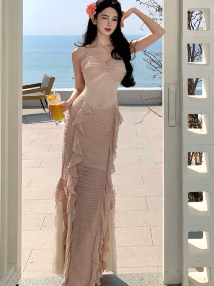 Lunivop Sexy Spaghetti Strap Ruffle Slim Evening Long Dresses Elegant Fairy Beach Woman Clothing  Summer Holiday Vestidos Cocktail Robe