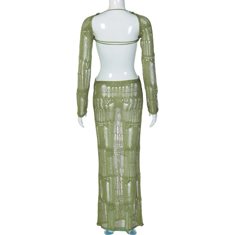 Lunivop Elegant Knitting Ribbed Backless See Through Hollow Out Long Sleeve Women'S Dresses Evening Summer Prom Casual Clothes