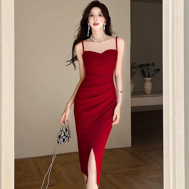Lunivop  Summer Red Pleated Bodycon Hip Wrarp Sexy Sling Dress Women Korean Vintage Festival Dress New Elegant Luxury Evening Dress