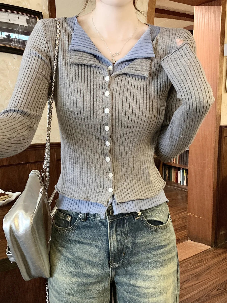 Lunivop V-neck Fake Two Long-sleeved Short Slim Early Autumn Sweaters with Bottoming Shirts in 2025