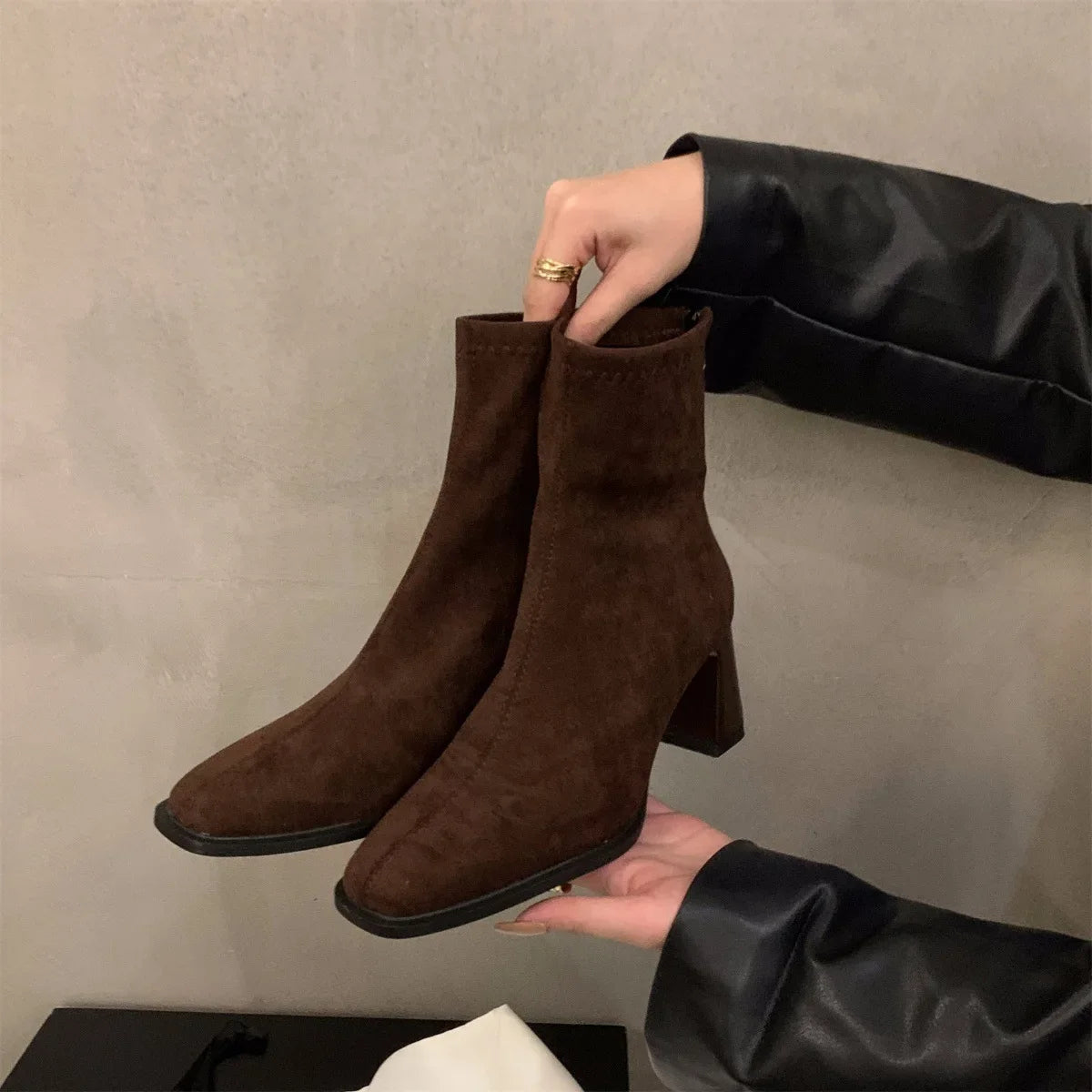 Lunivop Vintage Women Ankle Boots Fashion Square Toe Thick High Shoes Autumn Winter New Ladies Elegant Stretch Slim Short Booties