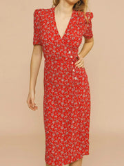 Lunivop  Retro V neck Front Slit Red Flower Wrap Dress Woman Tie Bow Lace up Waist Short Sleeve Below Knee Tea Dresses Holiday Robe