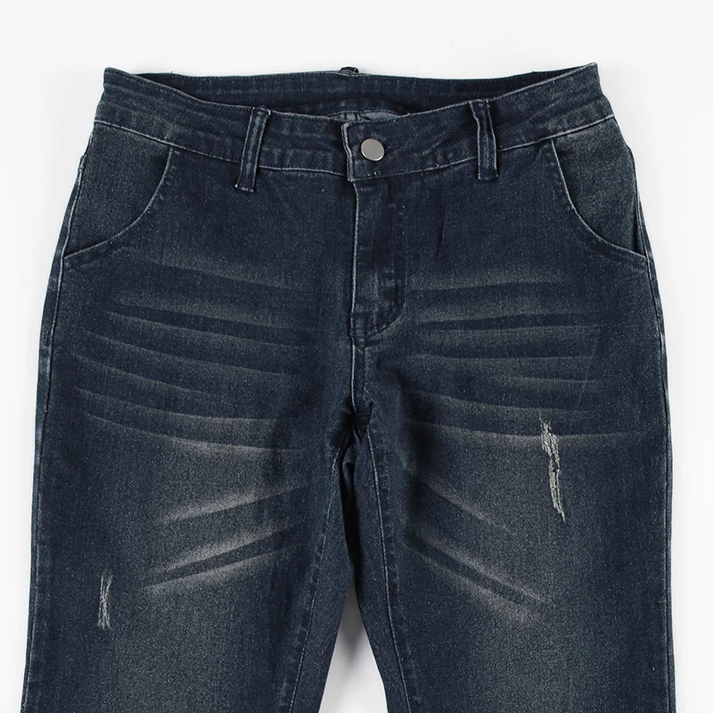 Lunivop  Blue Low Rise Flare Jeans Vintage 2000s Slim-fitting Denim Pants Korean Style Women Trousers y2k Distressed Mom Jeans 90s