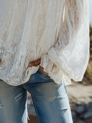 Lunivop  Summer Women Blouse Off Shoulder Lace Lantern Blouses Square Neck Solid Color Top Ruffle Trim White Lace Long Sleeve Top