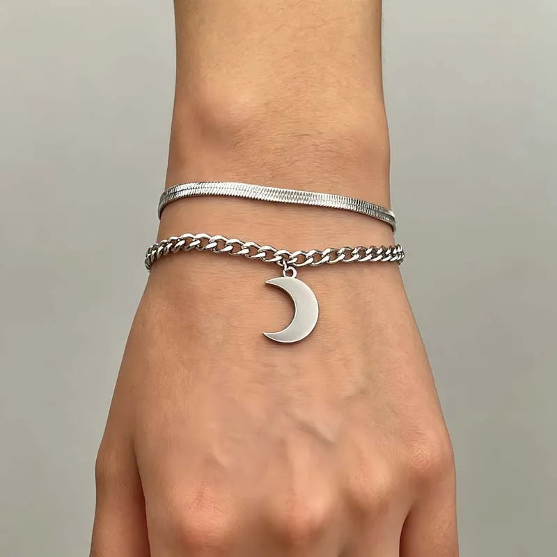 Lunivop  Fashion Sun Moon Double Layer Bracelet For Women Stainless Steel Metal Snake Chain Bracelet Personality Jewelry