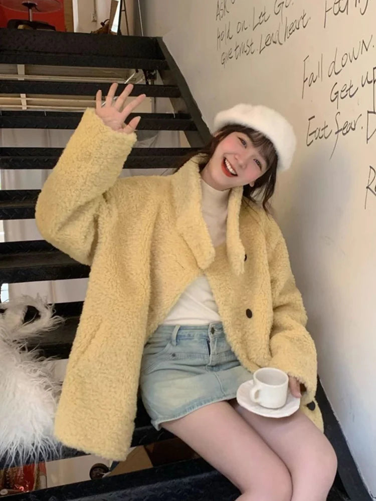 Lunivop Japan Cute Faux Lamb Coat Women Loose Long Sleeve Winter Warm Retro Jacket Casual Stand Collar Preppy Style Pockets New Top