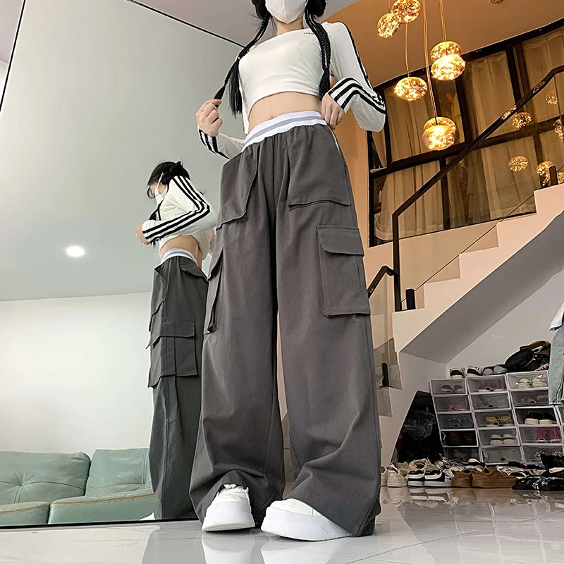 Lunivop Vintage Solid Baggy Cargo Pants For Women 2024 Autumn Casual  Women's Drawstring Wide Leg Pants Female Street Loose Long Trouser
