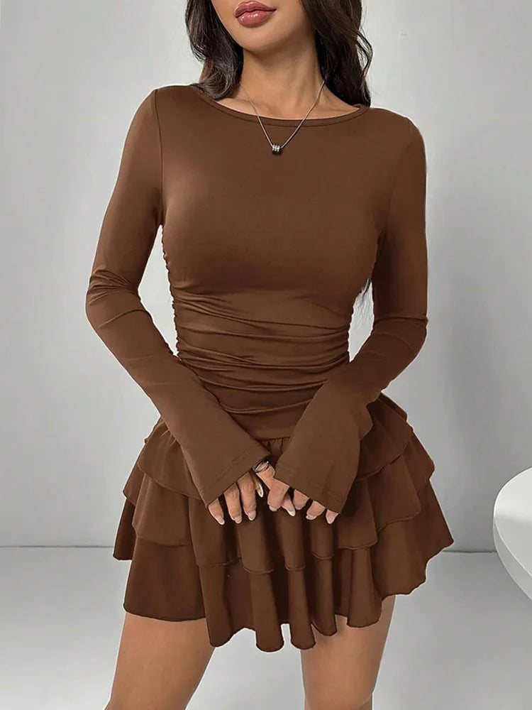 Lunivop  Autumn Winter Solid Color Slim Fit Cascading Ruffles Mini Dress Women Elegant Flare Sleeve High Waist Sexy Party Bodycon Dresses