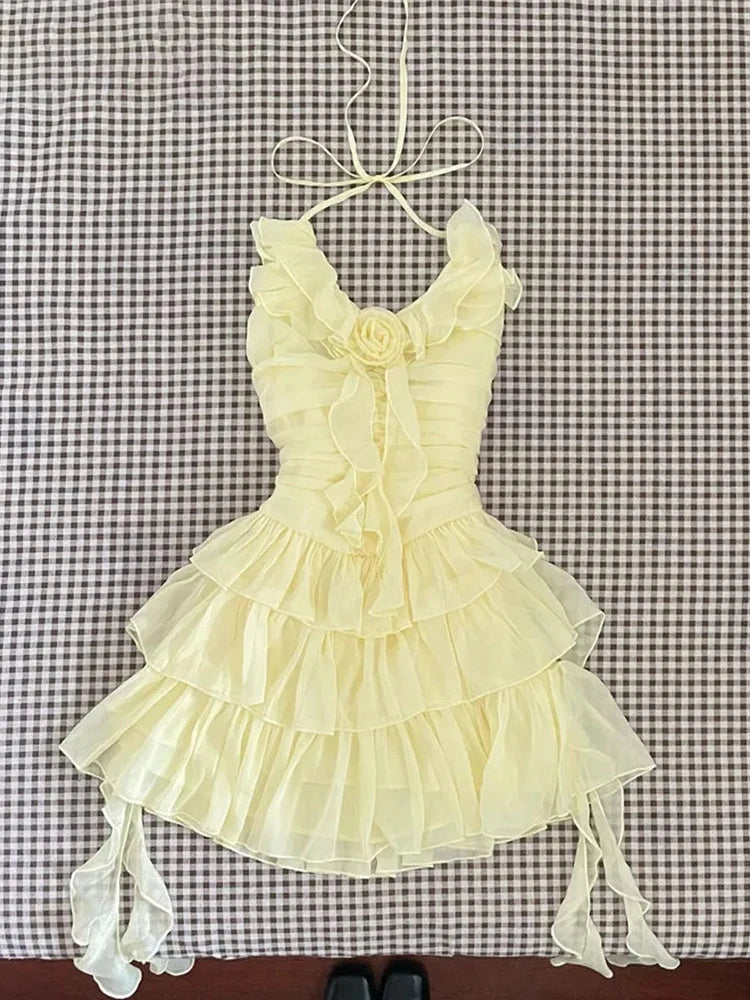 Lunivop  Slim Sweet Ruffles Dress Women Fashion 3D Floral Casual Elegant Mini Dress Summer Sexy Sleeveless Lady Yellow Cake Vestidos