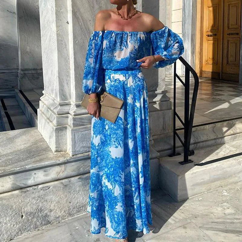 Lunivop   Summer Pattern Printed Dress Lady Sexy Off Shoulder Nine Points Sleeved Summer Casual Hollow Waist Party Dresses