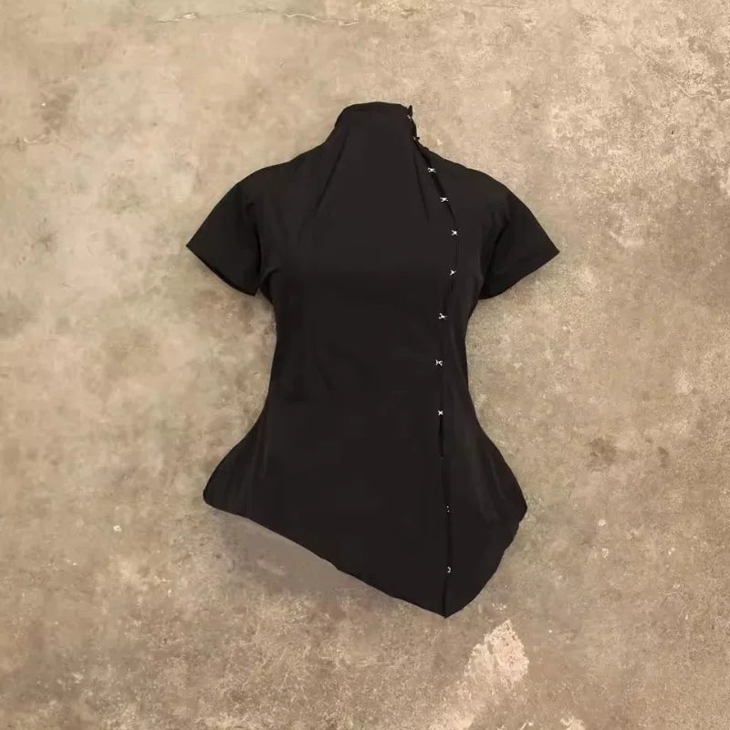 Lunivop  New Chinese Style Lrregular Stand Collar Short Sleeve T Shirts Y2k High Street Personality Single Breasted Slim Clothes Punk Top