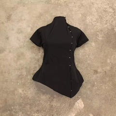 Lunivop  New Chinese Style Lrregular Stand Collar Short Sleeve T Shirts Y2k High Street Personality Single Breasted Slim Clothes Punk Top