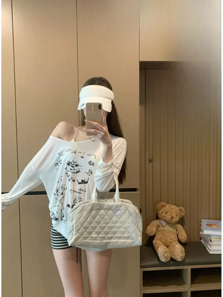 Lunivop  T Shirts Women Funny Cartoon Printed Long Sleeve Diagonal Collar Off Shoulder Loose Sweet Tops Female Casual Y2k Tshirt