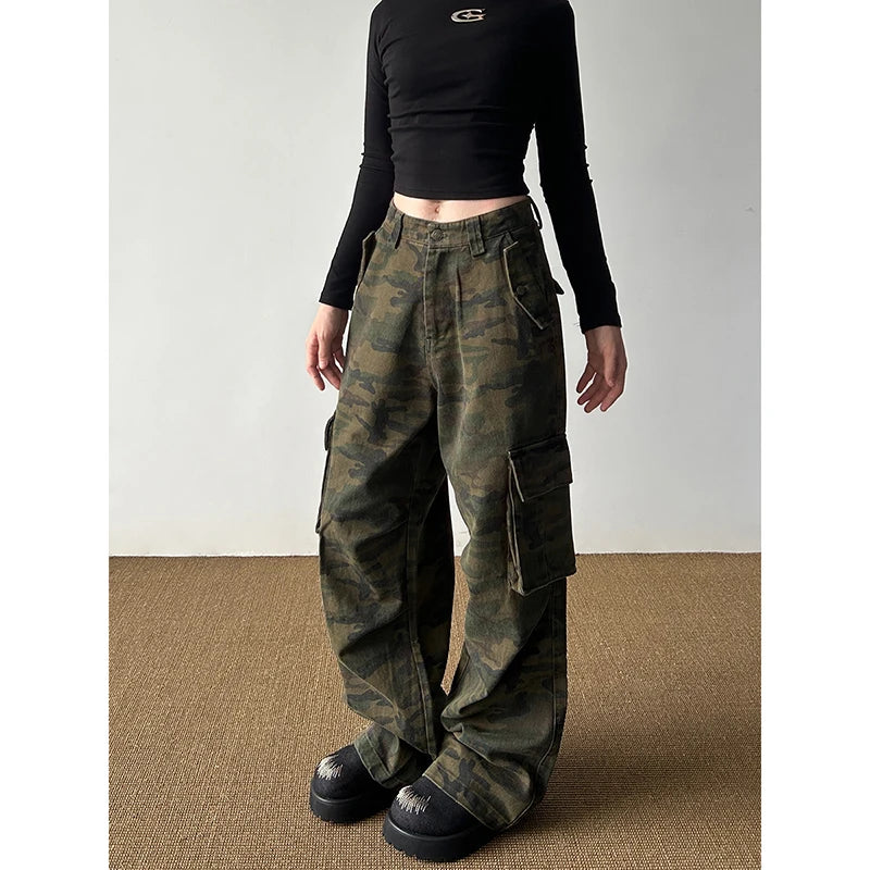 Lunivop Camouflage Womens Jeans High Waist Vintage 2000s Straight Baggy Y2K Denim Pants Hip Hop American Fashion Wide Leg Denim Trouser