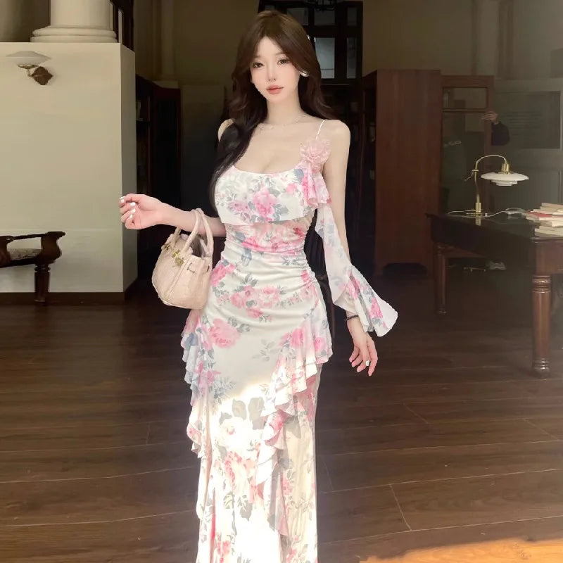 Lunivop  Women Dresses Sleeveless Slash Neck Gradient Floral Printed Mesh Patchwork Slim Vintage Elegant Party Dress Ladies