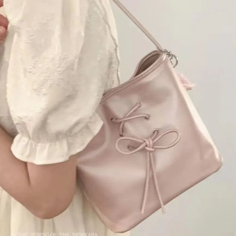Lunivop   Sweet Cute Tied Bow Handbag Women Leather Large Capacity Square Shoulder Bag Ladies Balletcore Elegant Y2k Underarm Bags