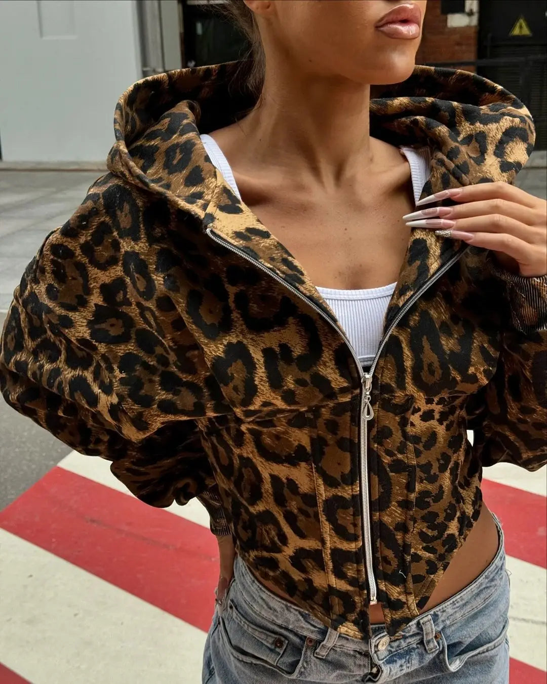 Lunivop Autumn Winter Fashion Leopard Irregular Cardigan Jacket Women Hooded Long Sleeve Zipper Casual Hipster Streetwear Coats