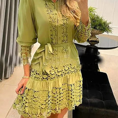 Lunivop  New Autumn Women Casual Dress Fashion Sexy Lace Hollow Solid Shirt Mini Dresses Long Sleeve Holiday Party Robe Femme Vestidos