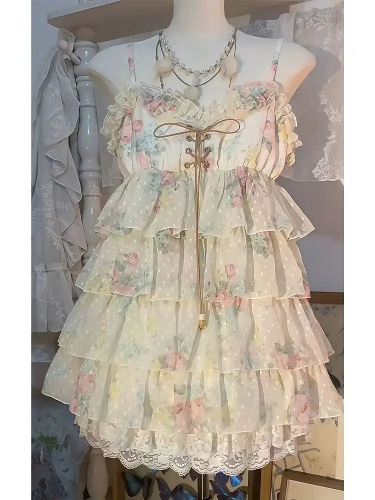 Lunivop  Y2k Sweet Lolita Floral Mini Dress Outfits Women Japanese Vintage Ruffle Dress High Waist Kawaii Cute Casual Dress Chic