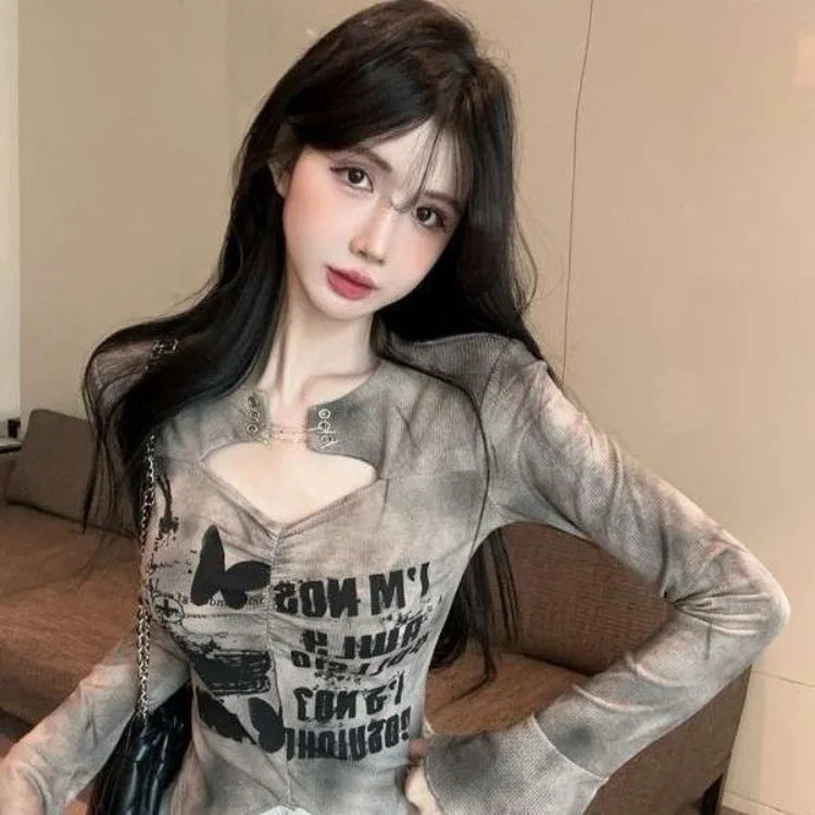 Lunivop  American New Tie Dye Printed Top for Women Spring Slim Fit Bottoming T-shirts Fashion All-match Flare Sleeve Tee Shirt