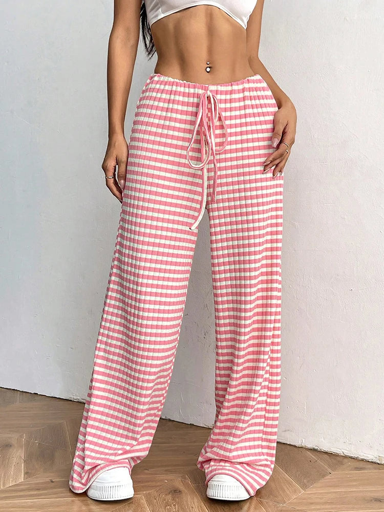 Lunivop  Women's Y2K High Waist Striped Printed Casual Lace up Long Pants Autumn Straight Leg Trousers Elegant High Street Fashion